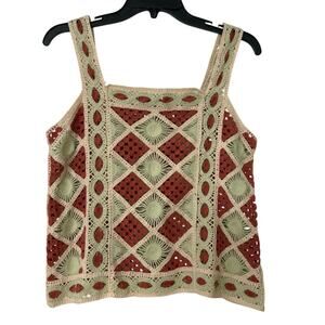 Crochet Cotton Open Knit Granny Square Cropped Tank Top Boho Festival Concert M